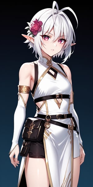 mirham,anime,lora:CYR 0.3v:1.1, detailed,1girl,short hair, white hair, antenna hair, magenta eyes, pointy ears, hair flower, white dress,sleeveless dress, armlet, gold trim, asymmetrical clothes, strap, bridal gauntlets, see-through sleeves, pouch