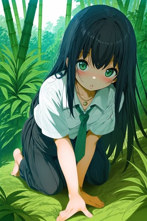 PixivFANBOX //Fumihiko,1girl, bamboo, bangs, black hair, black skirt, collared shirt, grass, green eyes, jewelry, jungle, leaf, long hair, looking at viewer, nature, necklace, necktie, on grass, on ground, outdoors, palm tree, parted lips, plant, potted plant, shibuya rin, shirt, short sleeves, skirt, solo, tanabata, tanzaku, tree, vines, white shirt,,
