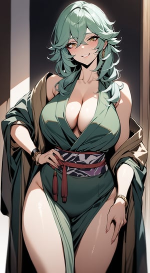 ((masterpiece, 1girl)), best quality, confident pose. smile. looking at camera. Collei from Genshin Impact dressed like a yakuza. 
mature female. kimono. tough. strong.  