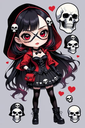 solo, STICKER ART, ANGRY MAD, cute Little girl,Little Red Riding Hood in a fusion of Japanese-inspired Gothic punk fashion,Red Hood, skulls, dark, goth. black gloves, tight corset, incorporating traditional Japanese motifs and punk-inspired details,Emphasize the unique synthesis of styles, (the text "LESBIAN" IN "Punk" text), heart \(symbol\), Skull\(symbol\), pastel goth,dal,colorful,chibi emote style,artint,score_9, score_8_up,BIG EYES