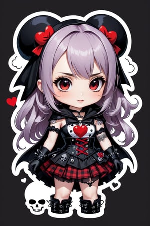 solo, STICKER ART, ANGRY MAD, cute Little girl,Little Red Riding Hood in a fusion of Japanese-inspired Gothic punk fashion,Red Hood, skulls, dark, goth. black gloves, tight corset, incorporating traditional Japanese motifs and punk-inspired details,Emphasize the unique synthesis of styles, (the text "LESBIAN" IN "Punk" text), heart \(symbol\), Skull\(symbol\), pastel goth,dal,colorful,chibi emote style,artint,score_9, score_8_up,BIG EYES