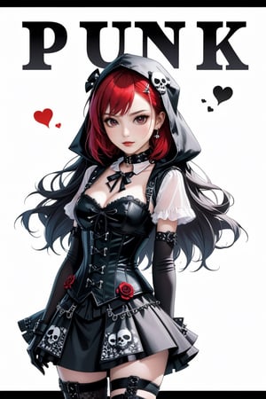 solo, STICKER ART, ANGRY MAD, cute Little girl,Little Red Riding Hood in a fusion of Japanese-inspired Gothic punk fashion,Red Hood, skulls, dark, goth. black gloves, tight corset, incorporating traditional Japanese motifs and punk-inspired details,Emphasize the unique synthesis of styles, (the text "LESBIAN" IN "Punk" text), heart \(symbol\), Skull\(symbol\), pastel goth,dal,colorful,chibi emote style,artint,score_9, score_8_up,BIG EYES