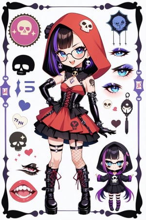 solo, STICKER ART, ANGRY MAD, cute Little girl,Little Red Riding Hood in a fusion of Japanese-inspired Gothic punk fashion,Red Hood, skulls, dark, goth. black gloves, tight corset,  incorporating traditional Japanese motifs and punk-inspired details,Emphasize the unique synthesis of styles, 

(the text "LESBIAN" IN "Punk" text), heart \(symbol\),  Skull\(symbol\), 
pastel goth,dal,colorful,chibi emote style,artint,score_9, score_8_up