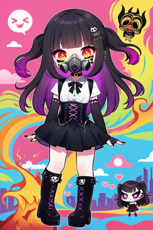 In a vibrant graffiti-filled background, Wednesday Addams stands solo, exuding a fusion of Japanese-Gothic punk elegance. She wears a schoolgirl uniform adorned with choker, long elbow gloves, and tight corset, paired with knee-high boots. Her long hair flows like a river of night. A gas mask covers her face, her eyes rolling in sassy disdain as she flaunts a cute, kawaii smile. The air is thick with lust, her cheeks flushed pink from the heat of her own desires. The scene is set ablaze by pastel goth hues and colorful chibi emotes, as ancient Egyptian edginess meets punk-inspired ferocity.