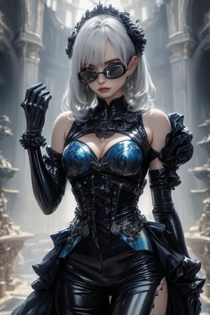 1girl, solo, long black gloves, glasses, (((white hair))), (((middle aged woman))), catholic, emo, tears, elbow gloves, embarrassed, long gloves,  Her dress merges the ornate elegance of Rococo with futuristic cyber elements. The fabric is a mix of rich silks and metallic materials, adorned with elaborate lace and digital patterns that glow subtly. The bodice is detailed with delicate ruffles and cybernetic embellishments, while the skirt flares out in layers enamel latex elbow gloves, latex clothes, latex thighhighboots,cleavage, latex elbow gloves, big_dominant, serious, stern, latex corset. High resolution, extremely detailed, atmospheric scene, masterpiece, best quality, 64k, high quality, (HDR), HQ , very detailed, beautiful and aesthetic, heavy makeup, earrings, (masterpiece, best quality, high resolution, ultra detail), ((skindentation)), bare shoulders, soft skin, perfectly explained gloved hands, perfectly explained arms,