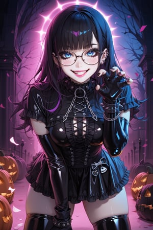 score_9, score_8_up, score_7_up, score_6_up, score_5_up, 1girl, glasses girl, smile face, grin, cute smile, pastel goth, short sleeves, (perfect hands, perfect anatomy), gloved hands, Emo style fused with punk fashion, source_anime, sharp_details, high resolution, 4k, masterpiece, Big beautiful eyes,  She wears dark edgy clothing , Gothic elements like lace, corsets, and chains. Her hair is  vibrant styled with asymmetrical bangs, adorned with small skulls or bows. Accessories include studded bracelets, chokers, and combat boots. Her makeup features dark eyeliner and eyeshadow contrasted with pink lipstick, blue eyes, (((Latex elbow gloves))) cover their arms. The overall atmosphere is one of dominance and power. A fierce girl, her eyes burning with determination and strength. Skulls and dead black roses complete the scene. volumetric lighting, chiaroscuro lighting, vibrant, shaders, intricately detailed, ((expressive)), pale skin, perfect waist, big lips, slutty face, blushing, flushed, emo, goth girl, beautiful, long_hair, black_thighhighs, open_mouth, smile, striped, fang, skirt, cape, frills, frilled_sleeves, , looking_at_viewer, yellow_eyes, frilled_skirt, long_sleeves, wide_sleeves, black_cape, shirt, black_shirt, blue eyes, teasing, pure expression, smile, blushing, front view, (((scary pose))), clear skin, soft skin, Expressiveh, dark theme, halloween party, (masterpiece:1.3), (highest quality:1.4), (ultra detailed:1.5), High resolution, extremely detailed, glasses girl, smile face, grin, cute smile