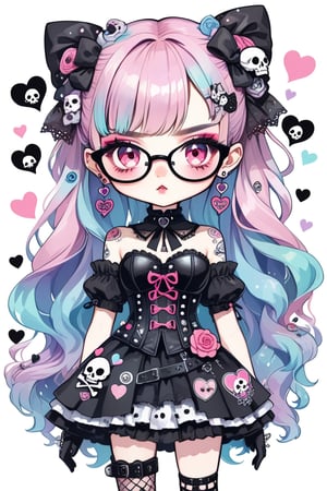 1girl, STICKER ART, ANGRY MAD, cute Little girl, goth girl in a fusion of Japanese-inspired Gothic punk fashion, glasses, skulls, dark, goth. black gloves, tight corset, black tie, incorporating traditional Japanese motifs and punk-inspired details,Emphasize the unique synthesis of styles, (the text "HYPOCRITES" IN "Punk" text), heart \(symbol\), Skull\(symbol\), pastel goth,dal,colorful,chibi emote style,artint,score_9, score_8_up ,heavy makeup, earrings,candycore outfits,pastel aesthetic,Maximalism Pink Lolita Fashion,
Clothes with kawaii prints inspired by Decora, cute pastel colors, heart ,emo, kawaiitech, dollskill,chibi