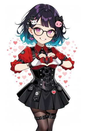 1girl, glasses girl, smile face, grin, cute smile, pastel goth, Catholicpunk aesthetic art, gloved hands, cute goth girl in a fusion of Japanese-inspired Gothic punk fashion, glasses, dark, goth. RED gloves, tight corset, incorporating traditional Japanese motifs and punk-inspired details,Emphasize the unique synthesis of styles, score_9, score_8_up, heavy makeup, earrings, kawaiitech, dollskill, chibi, ,BIG EYES,Eyes,heart hands