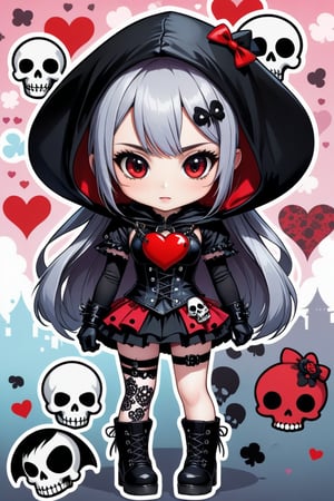 solo, STICKER ART, ANGRY MAD, cute Little girl,Little Red Riding Hood in a fusion of Japanese-inspired Gothic punk fashion,Red Hood, skulls, dark, goth. black gloves, tight corset, incorporating traditional Japanese motifs and punk-inspired details,Emphasize the unique synthesis of styles, (the text "LESBIAN" IN "Punk" text), heart \(symbol\), Skull\(symbol\), pastel goth,dal,colorful,chibi emote style,artint,score_9, score_8_up,BIG EYES