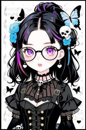 1girl, (((looking at the viewer))), parted lips, Catholicpunk aesthetic art, cute goth girl in a fusion of Japanese-inspired Gothic punk fashion, glasses, skulls, goth. black gloves, tight corset, black tie, incorporating traditional Japanese motifs and punk-inspired details,Emphasize the unique synthesis of styles, flowers, butterflies, score_9, score_8_up ,heavy makeup, earrings,  Lolita Fashion Clothes, kawaii, hearts ,emo, kawaiitech, dollskill,chibi,Blue Backlight,DonMSn0wM4g1cXL