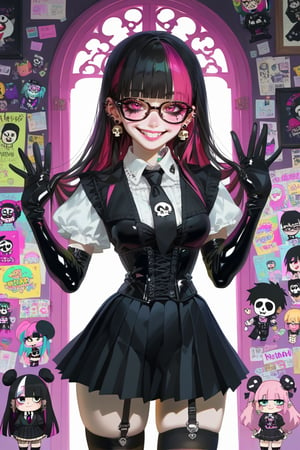 score_9, score_8_up, score_7_up, score_6_up, score_5_up, 1girl, glasses girl, smile face, grin, cute smile, pastel goth, STICKER ART, pastel goth, Catholicpunk aesthetic art, gloved hands, cute Little girl, goth girl in a fusion of Japanese-inspired Gothic punk fashion, glasses, skulls, dark, goth. black gloves, tight corset, black tie, incorporating traditional Japanese motifs and punk-inspired details,Emphasize the unique synthesis of styles, (symbol\), pastel goth,dal,colorful,chibi emote style,artint,score_9, score_8_up ,heavy makeup, earrings,candycore outfits,pastel aesthetic,Maximalism Pink Lolita Fashion, Clothes with kawaii prints inspired by Decora, cute pastel colors, heart ,emo, kawaiitech, dollskill, cute Little girl, Little latex chibi in a fusion of Japanese-inspired Gothic punk fashion, elegance, long hair, looking at viewer, blush, bangs, skirt, shirt, black hair, thighhighs, gloves, holding,  jewelry, standing, short sleeves, cowboy shot, pleated skirt, earrings, necktie, glasses, black gloves, elbow gloves, collared shirt, black thighhighs, indoors, miniskirt, black skirt, vest, window, mask, garter straps, black necktie, corset, black vest, edgy elements of Gothic punk, Envision a doll nurse in Gothic accessories wearing bulkiy green rubber gloves, incorporating traditional Japanese motifs and punk-inspired details,Emphasize the unique synthesis of styles, Junko Mizuno inspired art, Tim Burton inspired art.("Punk" text), heart \(symbol\), Skull\(symbol\), pastel goth,dal,colorful,chibi emote style,artint