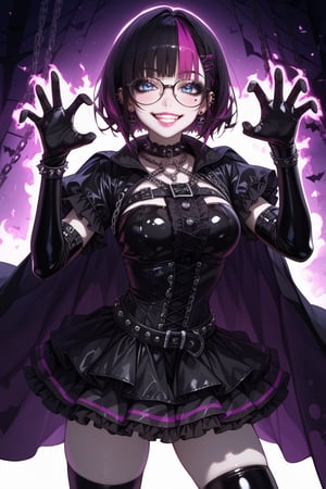 score_9, score_8_up, score_7_up, score_6_up, score_5_up, 1girl, glasses girl, smile face, grin, cute smile, pastel goth, short sleeves, (perfect hands, perfect anatomy), gloved hands, Emo style fused with punk fashion, source_anime, sharp_details, high resolution, 4k, masterpiece, Big beautiful eyes,  She wears dark edgy clothing , Gothic elements like lace, corsets, and chains. Her hair is  vibrant styled with asymmetrical bangs, adorned with small skulls or bows. Accessories include studded bracelets, chokers, and combat boots. Her makeup features dark eyeliner and eyeshadow contrasted with pink lipstick, blue eyes, (((Latex elbow gloves))) cover their arms. The overall atmosphere is one of dominance and power. A fierce girl, her eyes burning with determination and strength. Skulls and dead black roses complete the scene. volumetric lighting, chiaroscuro lighting, vibrant, shaders, intricately detailed, ((expressive)), pale skin, perfect waist, big lips, slutty face, blushing, flushed, emo, goth girl, beautiful, long_hair, black_thighhighs, open_mouth, smile, striped, fang, skirt, cape, frills, frilled_sleeves, , looking_at_viewer, yellow_eyes, frilled_skirt, long_sleeves, wide_sleeves, black_cape, shirt, black_shirt, blue eyes, teasing, pure expression, smile, blushing, front view, (((scary pose))), clear skin, soft skin, Expressiveh, dark theme, halloween party, (masterpiece:1.3), (highest quality:1.4), (ultra detailed:1.5), High resolution, extremely detailed, glasses girl, smile face, grin, cute smile