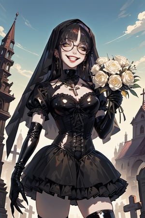 score_9, score_8_up, score_7_up, score_6_up, score_5_up,ShenMi, 1girl, black hair, jewelry, flower, cross, earrings, long hair, holding, bouquet, looking at viewer, white flower, rose, necklace, white rose, holding bouquet, dress, black dress, grey eyes, red lips, solo focus, graveyard, outdoors, church, hair between eyes, holding flower, makeup, tombstone, cross necklace, solo, long sleeves, gothic stylel, glasses girl, smile face, grin, cute smile, pastel goth, short sleeves, (perfect hands, perfect anatomy), claws, gloved hands, cute goth girl in a fusion of Japanese-inspired Gothic punk fashion, glasses, dark, goth, tight corset, incorporating traditional Japanese motifs and punk-inspired details, Emphasize the unique synthesis of styles, heavy emo makeup, earrings, BIG EYES, Eyes. A masterpiece of ultra-detailed anime art depicting a kawaii cute NERDY goth girl standing tall, looking directly at the viewer from a low-angle shot. Perfectly proportioned body with huge dimensions, surrounded by a detailed background, the nerd's face is complete with K-eyes and beautiful, expressive eyes. (((Latex elbow gloves))) cover their arms. The overall atmosphere is one of dominance and power. A fierce girl, her eyes burning with determination and strength. Skulls and dead black roses complete the scene. volumetric lighting, chiaroscuro lighting, vibrant, shaders, intricately detailed, by: teckworks, [by: minus8],[by: pixelsketcher], by: dimwitdog, by: kanel, frown, ((expressive)), pale skin, perfect waist, big lips, slutty face, blushing, flushed, emo, goth girl, beautiful, chiffon veil, widow veil, long_hair, black_thighhighs, open_mouth, smile, striped, fang, skirt, cape, frills, frilled_sleeves, , looking_at_viewer, yellow_eyes, frilled_skirt, long_sleeves, wide_sleeves, black_cape, shirt, black_shirt, blue eyes, teasing, pure expression, smile, blushing, front view, (((scary pose))), clear skin, soft skin, Expressiveh, dark theme, halloween party, (masterpiece:1.3), (highest quality:1.4), (ultra detailed:1.5), High resolution, extremely detailed, glasses girl, smile face, grin, cute smile