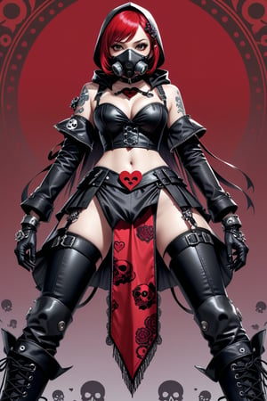 solo, STICKER ART, ANGRY MAD, gas mask, cute Little girl,Little Red Riding Hood in a fusion of Japanese-inspired Gothic punk fashion,Red Hood, skulls, dark, goth. black gloves, tight corset, incorporating traditional Japanese motifs and punk-inspired details,Emphasize the unique synthesis of styles, (the text "LESBIAN" IN "Punk" text), heart \(symbol\), Skull\(symbol\), pastel goth,dal,colorful,chibi emote style,artint,score_9, score_8_up,BIG EYES