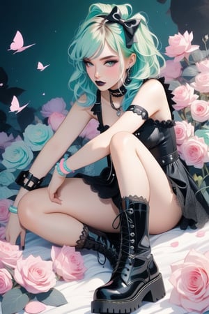 1Girl,Cute VTuber, Gothic Emo style fused with pastel punk fashion, She wears dark edgy clothing , Gothic elements like lace, corsets, and chains, but in pastel colors like pink, mint green, and lavender. Her hair is a vibrant mix of pastel hues, styled with asymmetrical bangs, adorned with small skulls or bows. Accessories include studded bracelets, chokers, and combat boots, all in pastel shades. Her makeup features dark eyeliner and eyeshadow, contrasted with pastel lipstick,vtuber,dal-1