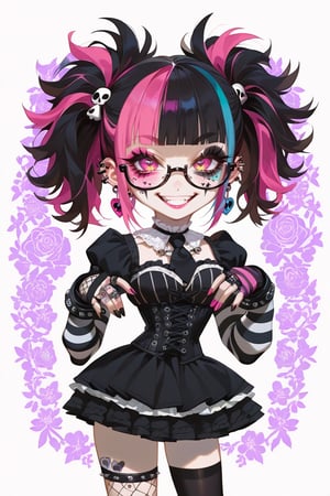 score_9, score_8_up, score_7_up, score_6_up, score_5_up, 1girl, glasses girl, smile face, grin, cute smile, pastel goth, STICKER ART, pastel goth, Catholicpunk aesthetic art, gloved hands, cute Little girl, goth girl in a fusion of Japanese-inspired Gothic punk fashion, glasses, skulls, dark, goth. black gloves, tight corset, black tie, incorporating traditional Japanese motifs and punk-inspired details,Emphasize the unique synthesis of styles, (symbol\), pastel goth,dal,colorful,chibi emote style,artint,score_9, score_8_up ,heavy makeup, earrings,candycore outfits,pastel aesthetic,Maximalism Pink Lolita Fashion, Clothes with kawaii prints inspired by Decora, cute pastel colors, heart ,emo, kawaiitech, dollskill,chibi