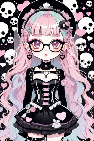 1girl, STICKER ART, pastel goth, Catholicpunk aesthetic art, gloved hands, cute Little girl, goth girl in a fusion of Japanese-inspired Gothic punk fashion, glasses, skulls, dark, goth. black gloves, tight corset, black tie, incorporating traditional Japanese motifs and punk-inspired details,Emphasize the unique synthesis of styles, (symbol\), pastel goth,dal,colorful,chibi emote style,artint,score_9, score_8_up ,heavy makeup, earrings,candycore outfits,pastel aesthetic,Maximalism Pink Lolita Fashion,
Clothes with kawaii prints inspired by Decora, cute pastel colors, heart ,emo, kawaiitech, dollskill,chibi