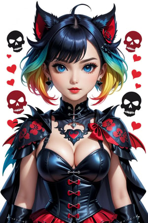 solo, STICKER ART, ANGRY MAD, cute Little girl,Little Red Riding Hood in a fusion of Japanese-inspired Gothic punk fashion,Red Hood, skulls, dark, goth. black gloves, tight corset, incorporating traditional Japanese motifs and punk-inspired details,Emphasize the unique synthesis of styles, ( "Punk" text), heart \(symbol\), Skull\(symbol\), pastel goth,dal,colorful,chibi emote style,artint,score_9, score_8_up,BIG EYES. Create an anime-style image of a Chimera Girl wearing a (((COLORFUL))) vibrant tetradic latex skin-tight costume, standing tall with vibrant, intricate details. Her upper body resembles that of a woman, while her lower half has the body of a dragon. She has TWO legs, feathered wings, sharp claws, and a tawny tail. Her blonde hair flows behind her like a river, with a gleaming belly button visible. Her large breasts are accentuated by blue trim around her nipples, and her eyes glow bright RED amidst black skin. The background is one that allows the subject to shine. Score: 9. BY ALT GOTH.