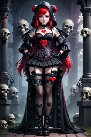 solo, STICKER ART, ANGRY MAD, cute Little girl,Little Red Riding Hood in a fusion of Japanese-inspired Gothic punk fashion,Red Hood, skulls, dark, goth. black gloves, tight corset, incorporating traditional Japanese motifs and punk-inspired details,Emphasize the unique synthesis of styles, (the text "LESBIAN" IN "Punk" text), heart \(symbol\), Skull\(symbol\), pastel goth,dal,colorful,chibi emote style,artint,score_9, score_8_up,BIG EYES