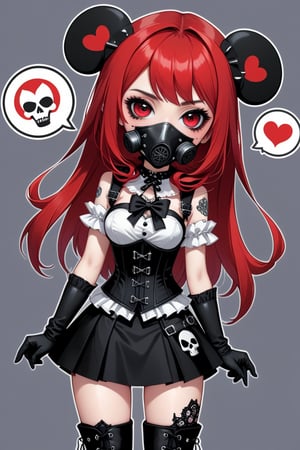 solo, STICKER ART, ANGRY MAD, gas mask, cute Little girl,Little Red Riding Hood in a fusion of Japanese-inspired Gothic punk fashion,Red Hood, skulls, dark, goth. black gloves, tight corset, incorporating traditional Japanese motifs and punk-inspired details,Emphasize the unique synthesis of styles, (the text "LESBIAN" IN "Punk" text), heart \(symbol\), Skull\(symbol\), pastel goth,dal,colorful,chibi emote style,artint,score_9, score_8_up,BIG EYES