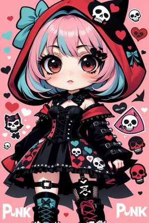 solo, STICKER ART, ANGRY MAD, cute Little girl,Little Red Riding Hood in a fusion of Japanese-inspired Gothic punk fashion,Red Hood, skulls, dark, goth. black gloves, tight corset, incorporating traditional Japanese motifs and punk-inspired details,Emphasize the unique synthesis of styles, (the text "LESBIAN" IN "Punk" text), heart \(symbol\), Skull\(symbol\), pastel goth,dal,colorful,chibi emote style,artint,score_9, score_8_up,BIG EYES