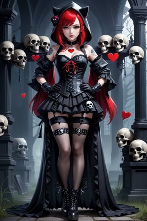 solo, STICKER ART, ANGRY MAD, cute Little girl,Little Red Riding Hood in a fusion of Japanese-inspired Gothic punk fashion,Red Hood, skulls, dark, goth. black gloves, tight corset, incorporating traditional Japanese motifs and punk-inspired details,Emphasize the unique synthesis of styles, (the text "LESBIAN" IN "Punk" text), heart \(symbol\), Skull\(symbol\), pastel goth,dal,colorful,chibi emote style,artint,score_9, score_8_up,BIG EYES