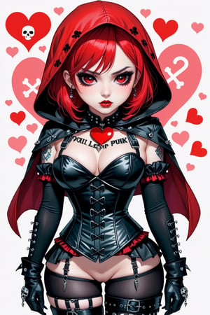 solo, STICKER ART, ANGRY MAD, cute Little girl,Little Red Riding Hood in a fusion of Japanese-inspired Gothic punk fashion,Red Hood, skulls, dark, goth. black gloves, tight corset, incorporating traditional Japanese motifs and punk-inspired details,Emphasize the unique synthesis of styles, (the text "LESBIAN" IN "Punk" text), heart \(symbol\), Skull\(symbol\), pastel goth,dal,colorful,chibi emote style,artint,score_9, score_8_up,BIG EYES