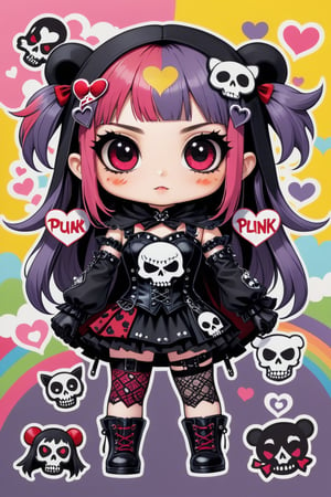 solo, STICKER ART, ANGRY MAD, cute Little girl,Little Red Riding Hood in a fusion of Japanese-inspired Gothic punk fashion,Red Hood, skulls, dark, goth. black gloves, tight corset, incorporating traditional Japanese motifs and punk-inspired details,Emphasize the unique synthesis of styles, (the text "LESBIAN" IN "Punk" text), heart \(symbol\), Skull\(symbol\), pastel goth,dal,colorful,chibi emote style,artint,score_9, score_8_up,BIG EYES