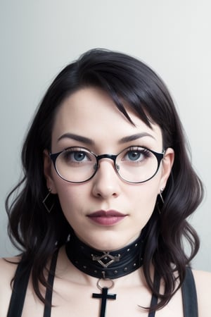 mature woman, NORMAL face, teacher glasses, thin lips, clear skin tone, gray blue eyes. sharp chin, Catholic mature woman in a fusion of Mediterranean and inspired Gothic punk fashion, glasses, dark, goth. tight corset, incorporating traditional  Mediterranean facial motifs and punk-inspired details, soft makeup, earrings, clear-skinned female, mature, HUMAN EYES