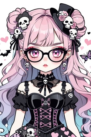 1girl, STICKER ART, ANGRY MAD, cute Little girl, goth girl in a fusion of Japanese-inspired Gothic punk fashion, glasses, skulls, dark, goth. black gloves, tight corset, black tie, incorporating traditional Japanese motifs and punk-inspired details,Emphasize the unique synthesis of styles, (the text "HYPOCRITES" IN "Punk" text), heart \(symbol\), Skull\(symbol\), pastel goth,dal,colorful,chibi emote style,artint,score_9, score_8_up ,heavy makeup, earrings,candycore outfits,pastel aesthetic,Maximalism Pink Lolita Fashion,
Clothes with kawaii prints inspired by Decora, cute pastel colors, heart ,emo, kawaiitech, dollskill,chibi