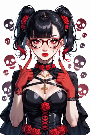 1girl, solo, looking at viewer, glasses, short hair, hair ornament, dress, closed mouth, jewelry, red eyes, red skin, upper body, flower,  frills, parted lips, blunt bangs, hair flower, necklace, hair bun, black dress, eyelashes, clothing cutout, tattoo, black makeup, border, rose, facial mark, portrait, cross, red flower, white border, red background, lace, red rose, red lips, red theme, 
,CONCEPT_irezumi_YakuzaTattoo_ownwaifu,score_9,ClrSkt