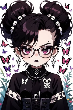 1girl, Catholicpunk aesthetic art, cute goth girl in a fusion of Japanese-inspired Gothic punk fashion, glasses, skulls, goth. black gloves, tight corset, black tie, incorporating traditional Japanese motifs and punk-inspired details,Emphasize the unique synthesis of styles, flowers, butterflies, score_9, score_8_up ,heavy makeup, earrings, Lolita Fashion Clothes, kawaii, hearts ,emo, kawaiitech, dollskill,chibi, chibi style, goth girl 1girl