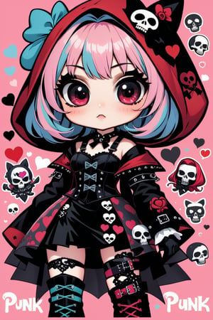 solo, STICKER ART, ANGRY MAD, cute Little girl,Little Red Riding Hood in a fusion of Japanese-inspired Gothic punk fashion,Red Hood, skulls, dark, goth. black gloves, tight corset, incorporating traditional Japanese motifs and punk-inspired details,Emphasize the unique synthesis of styles, (the text "LESBIAN" IN "Punk" text), heart \(symbol\), Skull\(symbol\), pastel goth,dal,colorful,chibi emote style,artint,score_9, score_8_up,BIG EYES