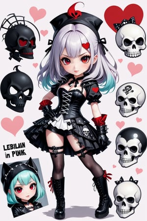 solo, STICKER ART, ANGRY MAD, cute Little girl,Little Red Riding Hood in a fusion of Japanese-inspired Gothic punk fashion,Red Hood, skulls, dark, goth. black gloves, tight corset, incorporating traditional Japanese motifs and punk-inspired details,Emphasize the unique synthesis of styles, (the text "LESBIAN" IN "Punk" text), heart \(symbol\), Skull\(symbol\), pastel goth,dal,colorful,chibi emote style,artint,score_9, score_8_up,BIG EYES