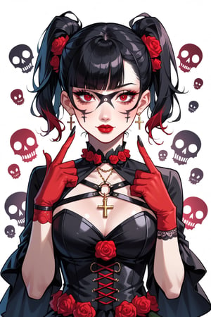 1girl, solo, looking at viewer, short hair, hair ornament, dress, closed mouth, jewelry, red eyes, red skin, upper body, flower,  frills, parted lips, blunt bangs, hair flower, necklace, hair bun, black dress, eyelashes, clothing cutout, tattoo, black makeup, border, rose, facial mark, portrait, cross, red flower, white border, red background, lace, red rose, red lips, red theme, 
,CONCEPT_irezumi_YakuzaTattoo_ownwaifu,score_9,ClrSkt