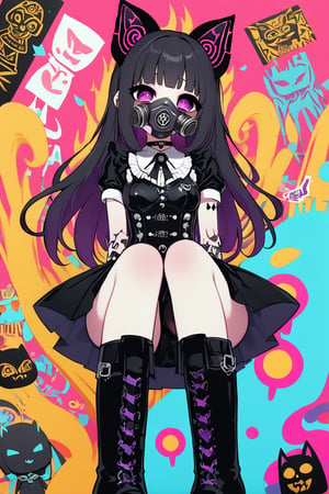 In a vibrant graffiti-filled background, Wednesday Addams stands solo, exuding a fusion of Japanese-Gothic punk elegance. She wears a schoolgirl uniform adorned with choker, long elbow full latex gloves, and tight corset, paired with knee-high boots. Her long hair flows like a river of night. A gas mask covers her face, her eyes rolling in sassy disdain as she flaunts a cute, kawaii smile. The air is thick with lust, her cheeks flushed pink from the heat of her own desires. The scene is set ablaze by pastel goth hues and colorful ancient Egyptian emotes, edginess meets punk-inspired ferocity.