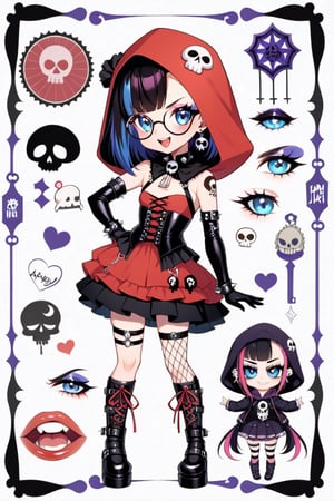 solo, STICKER ART, ANGRY MAD, cute Little girl,Little Red Riding Hood in a fusion of Japanese-inspired Gothic punk fashion,Red Hood, skulls, dark, goth. black gloves, tight corset,  incorporating traditional Japanese motifs and punk-inspired details,Emphasize the unique synthesis of styles, 

(the text "LESBIAN" IN "Punk" text), heart \(symbol\),  Skull\(symbol\), 
pastel goth,dal,colorful,chibi emote style,artint,score_9, score_8_up,BIG EYES
