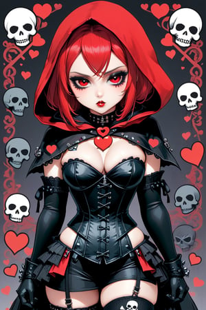 solo, STICKER ART, ANGRY MAD, cute Little girl,Little Red Riding Hood in a fusion of Japanese-inspired Gothic punk fashion,Red Hood, skulls, dark, goth. black gloves, tight corset, incorporating traditional Japanese motifs and punk-inspired details,Emphasize the unique synthesis of styles, (the text "LESBIAN" IN "Punk" text), heart \(symbol\), Skull\(symbol\), pastel goth,dal,colorful,chibi emote style,artint,score_9, score_8_up,BIG EYES