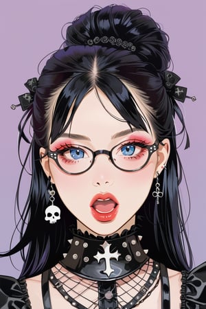1girl, glasses girl, surprise face, surprised, pastel goth, Catholicpunk aesthetic art, gloved hands, cute goth girl in a fusion of Japanese-inspired Gothic punk fashion, glasses, dark, goth. RED gloves, tight corset, incorporating traditional Japanese motifs and punk-inspired details,Emphasize the unique synthesis of styles, score_9, score_8_up, heavy makeup, earrings, kawaiitech, dollskill, chibi, ,BIG EYES,Eyes,
