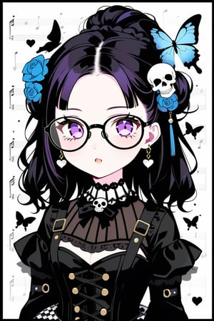 1girl, Catholicpunk aesthetic art, cute goth girl in a fusion of Japanese-inspired Gothic punk fashion, glasses, skulls, goth. black gloves, tight corset, black tie, incorporating traditional Japanese motifs and punk-inspired details,Emphasize the unique synthesis of styles, flowers, butterflies, score_9, score_8_up ,heavy makeup, earrings,  Lolita Fashion Clothes, kawaii, hearts ,emo, kawaiitech, dollskill,chibi,Blue Backlight