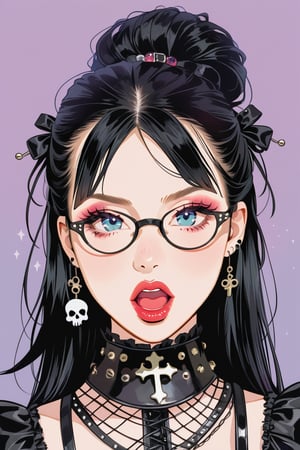 1girl, glasses girl, surprise face, surprised, pastel goth, Catholicpunk aesthetic art, gloved hands, mature goth woman in a fusion of Mediterranean-inspired Gothic punk fashion, glasses, dark, goth. RED gloves, tight corset, incorporating traditional  Mediterranean motifs and punk-inspired details,Emphasize the unique synthesis of styles, score_9, score_8_up, heavy makeup, earrings, kawaiitech, dollskill, chibi, ,BIG EYES,Eyes,
