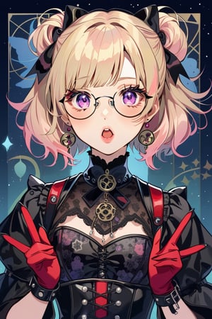 1girl, glasses girl, surprise face, surprised, pastel goth, Catholicpunk aesthetic art, gloved hands, cute goth girl in a fusion of Japanese-inspired Gothic punk fashion, glasses, dark, goth. RED gloves, tight corset, incorporating traditional Japanese motifs and punk-inspired details,Emphasize the unique synthesis of styles, score_9, score_8_up, heavy makeup, earrings, kawaiitech, dollskill, chibi, ,BIG EYES,Eyes,