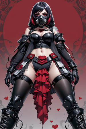 solo, STICKER ART, ANGRY MAD, gas mask, cute Little girl,Little Red Riding Hood in a fusion of Japanese-inspired Gothic punk fashion,Red Hood, skulls, dark, goth. black gloves, tight corset, incorporating traditional Japanese motifs and punk-inspired details,Emphasize the unique synthesis of styles, (the text "LESBIAN" IN "Punk" text), heart \(symbol\), Skull\(symbol\), pastel goth,dal,colorful,chibi emote style,artint,score_9, score_8_up,BIG EYES