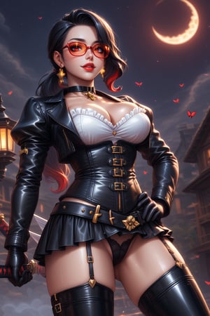 An animated image of a woman in a black corset, black leather pants, and black boots with a black belt. She has long black hair that is pulled back in a ponytail, and she is wearing red tinted eye glasses. Her lips are painted white, and her mouth is slightly open. She is holding a sword in her right hand, while her left hand is raised in the air. The background is a light blue, with a white moon in the center. There are red and black butterflies fluttering around the moon, adding a pop of color to the scene.