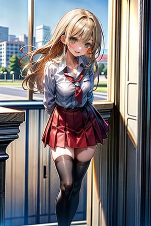 best quality,masterpiece, Rika Shiraki from bible black, 1girl, school uniform, blonde hair , green eyes, straight hair, smile , stockings, skirt , cleavage, arms behind back, contrapposto,leaning forward,medium breasts, socks , evil, villain, eroge, hentai, antagonist, model, diva, bible black,voluminous leg,Red skirt,tights, black tights                                                        