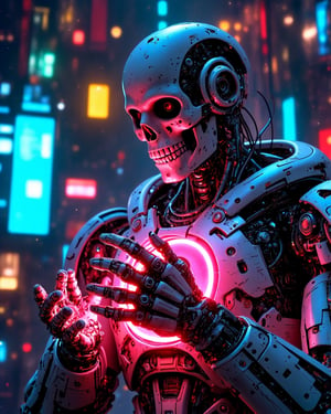 robot, with skull face, futuristic, neon in hands, glowing