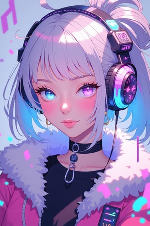 kawaii cyberpunk, kawaii cyberpunk style, vibrant, pastel color palette, dynamic hair design, kawaii clothing style, tech-inspired accessories, glowing effects, kawaii aesthetic, 1girl, solo, heterochromia, blue eyes, headphones, white hair, looking at viewer, blush, hair ornament, bangs, purple eyes, jacket, musical note, blurry, closed mouth, upper body, virtual youtuber, fur trim, black shirt, hair bun, chibi aesthetic, whimsical floating objects, popping visual effects, fantasy elements, detailed accessories