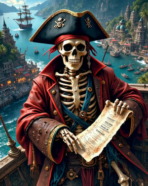 pirate, skeleton, retrofuturistic, pirate bay background, holding treasure map in hand, top view, pirate cocked hat