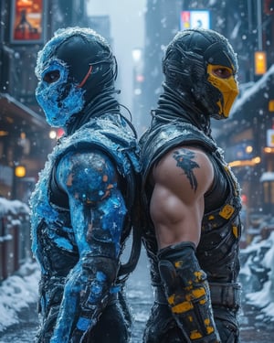  male, sub-zero frozen, blue mask, male, scorpion, yellow mask, standing together, back to back, view from above, mortal kombat series