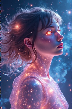 1girl, space, cosmos, translucent skin, colorful, magic, detailed, floating, glowing eyes, glowing hair, warped perspective, chromatic aberration, science fiction